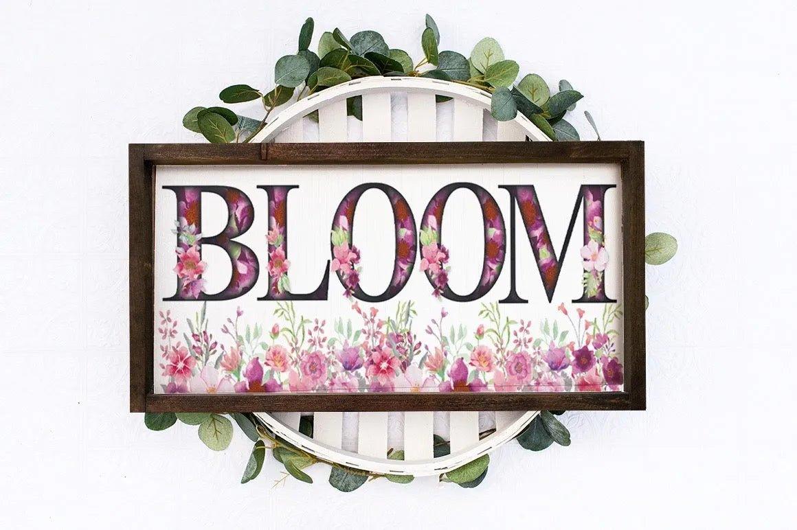 "BLOOM" - Large Framed Wood Sign - 12"x24" - Festive Fit Home