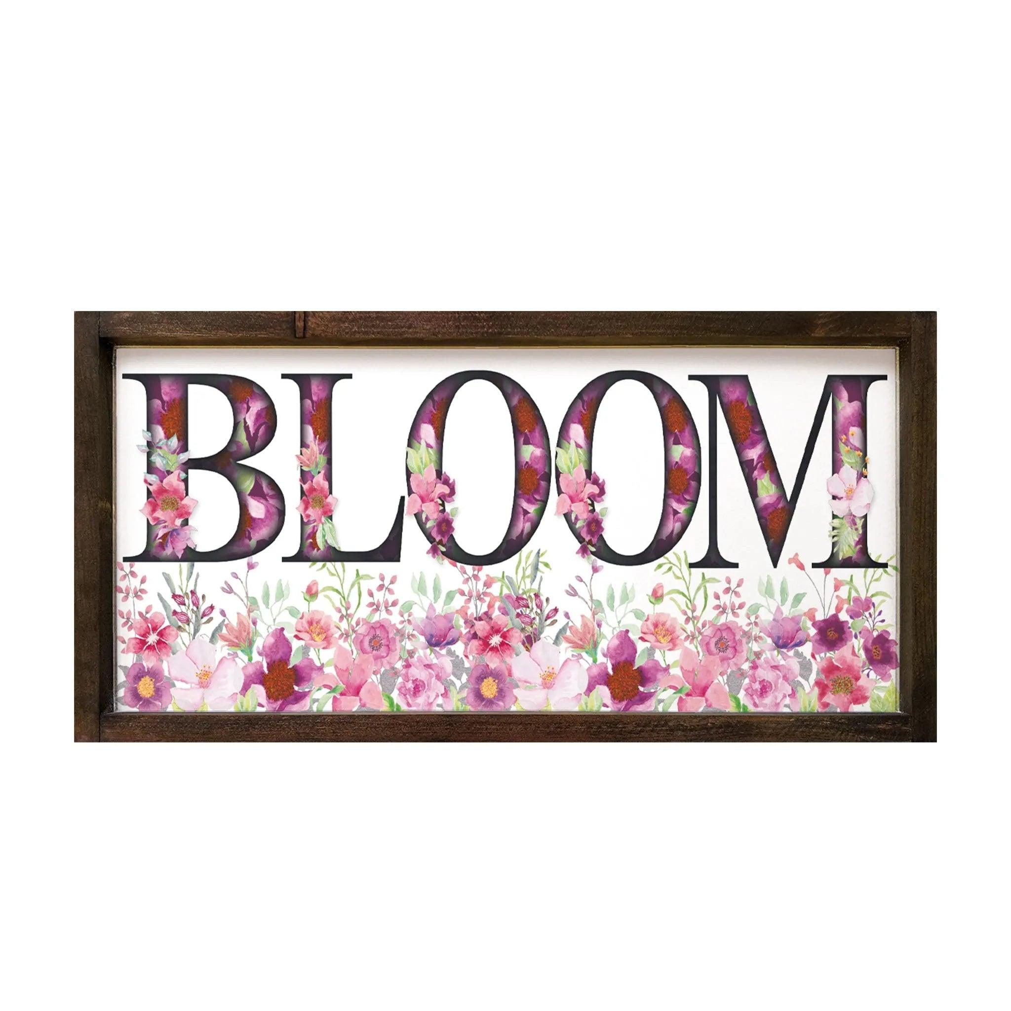 "BLOOM" - Large Framed Wood Sign - 12"x24" - Festive Fit Home
