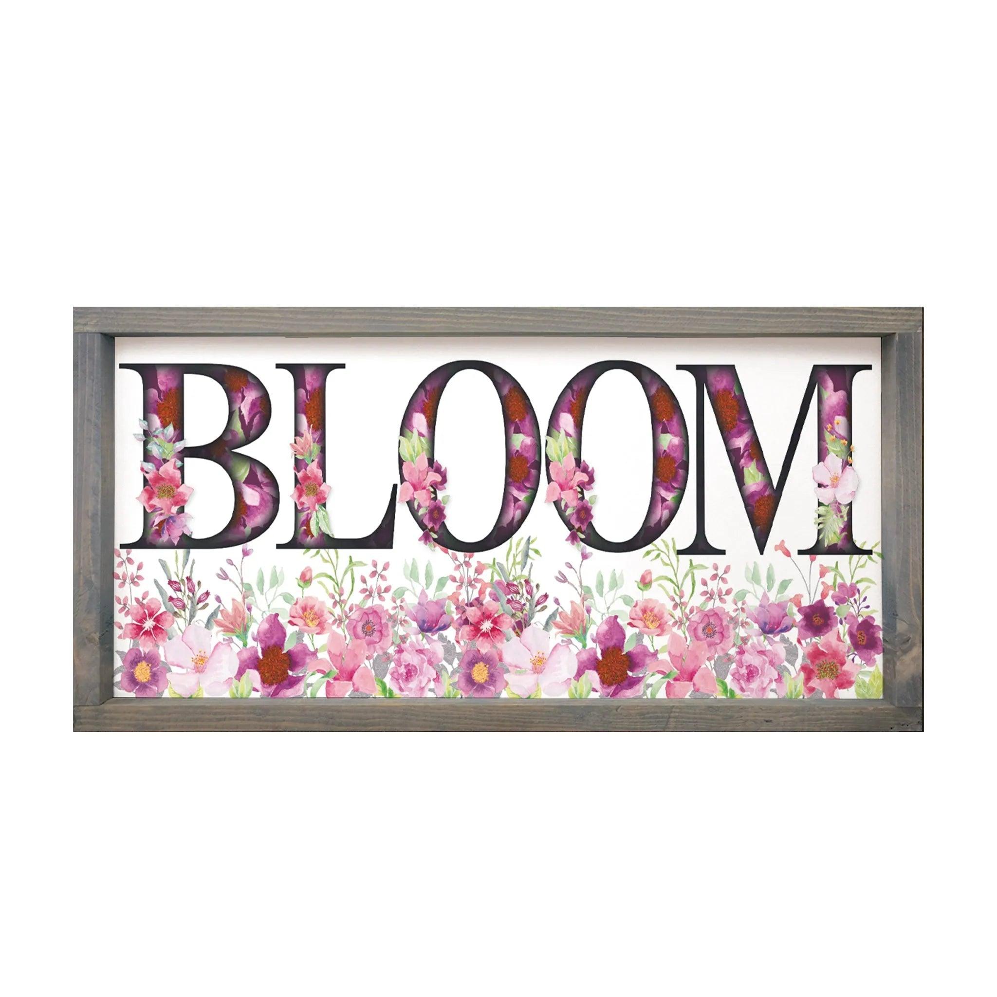 "BLOOM" - Large Framed Wood Sign - 12"x24" - Festive Fit Home