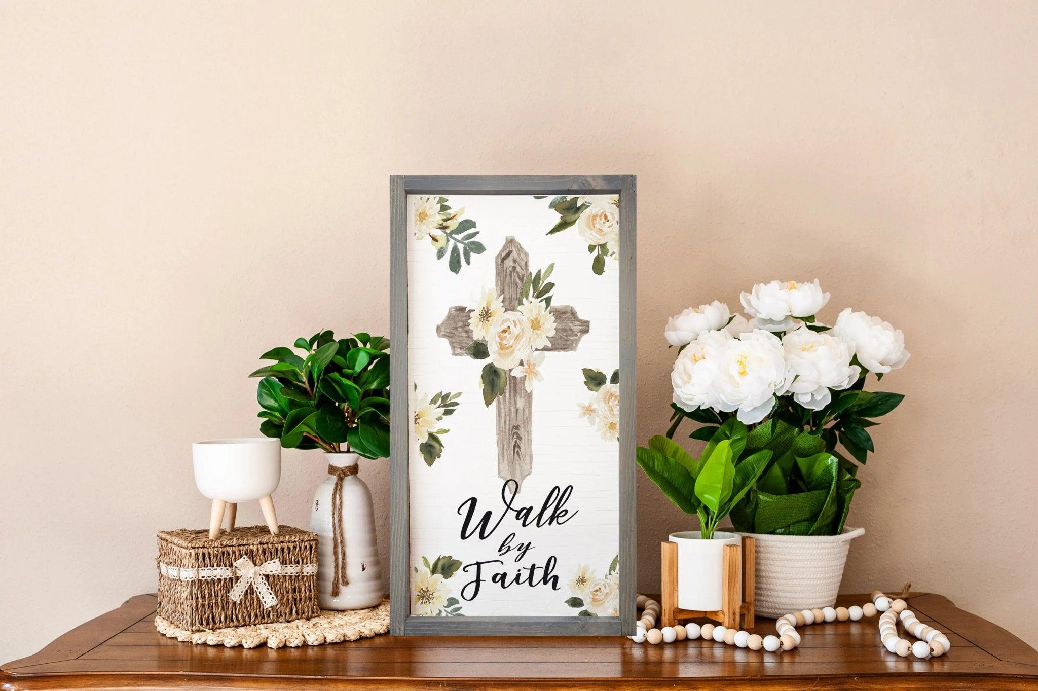 Christian Wall Art - Walk by Faith - Large Framed Wood Sign - 12"x24" - Festive Fit Home