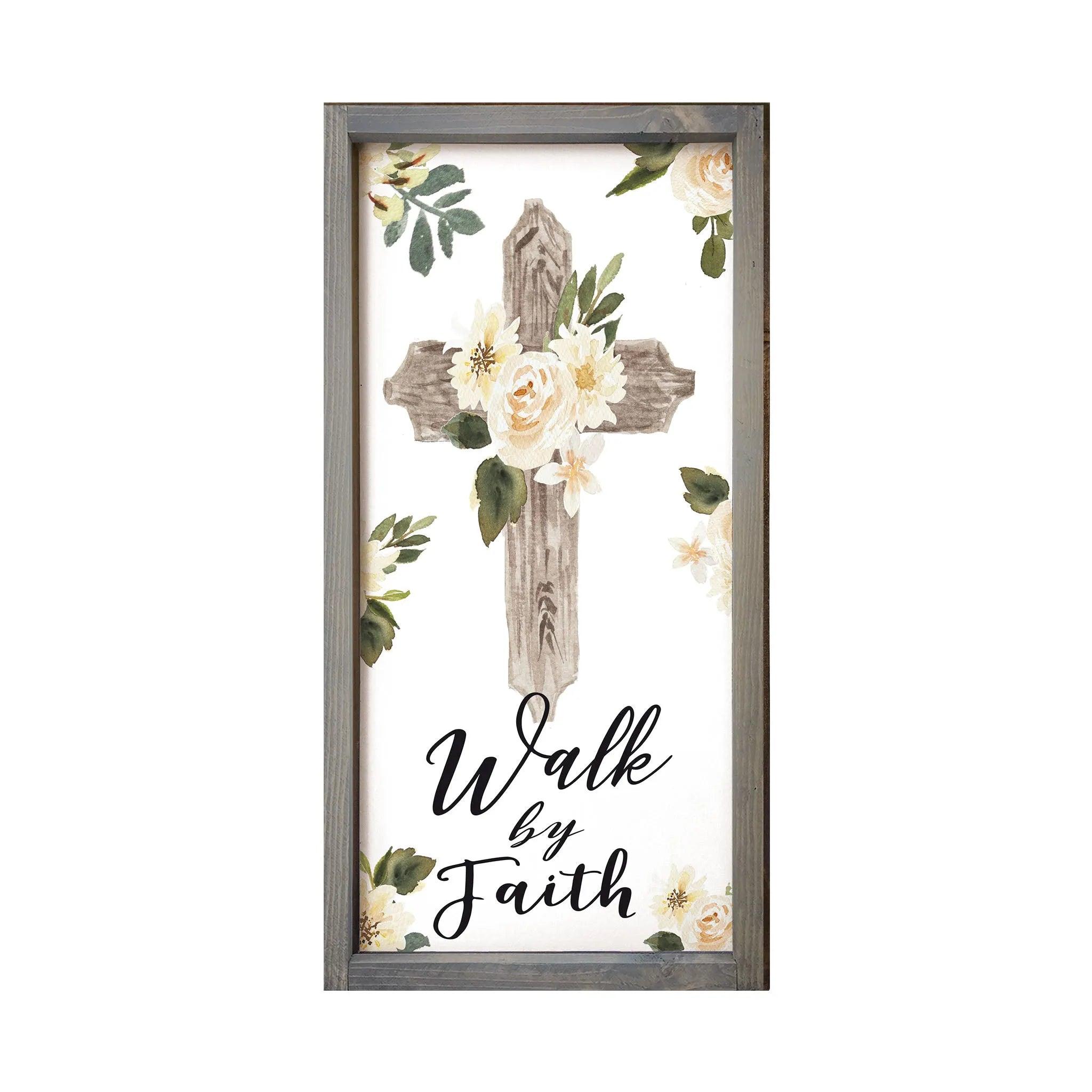 Christian Wall Art - Walk by Faith - Large Framed Wood Sign - 12"x24" - Festive Fit Home