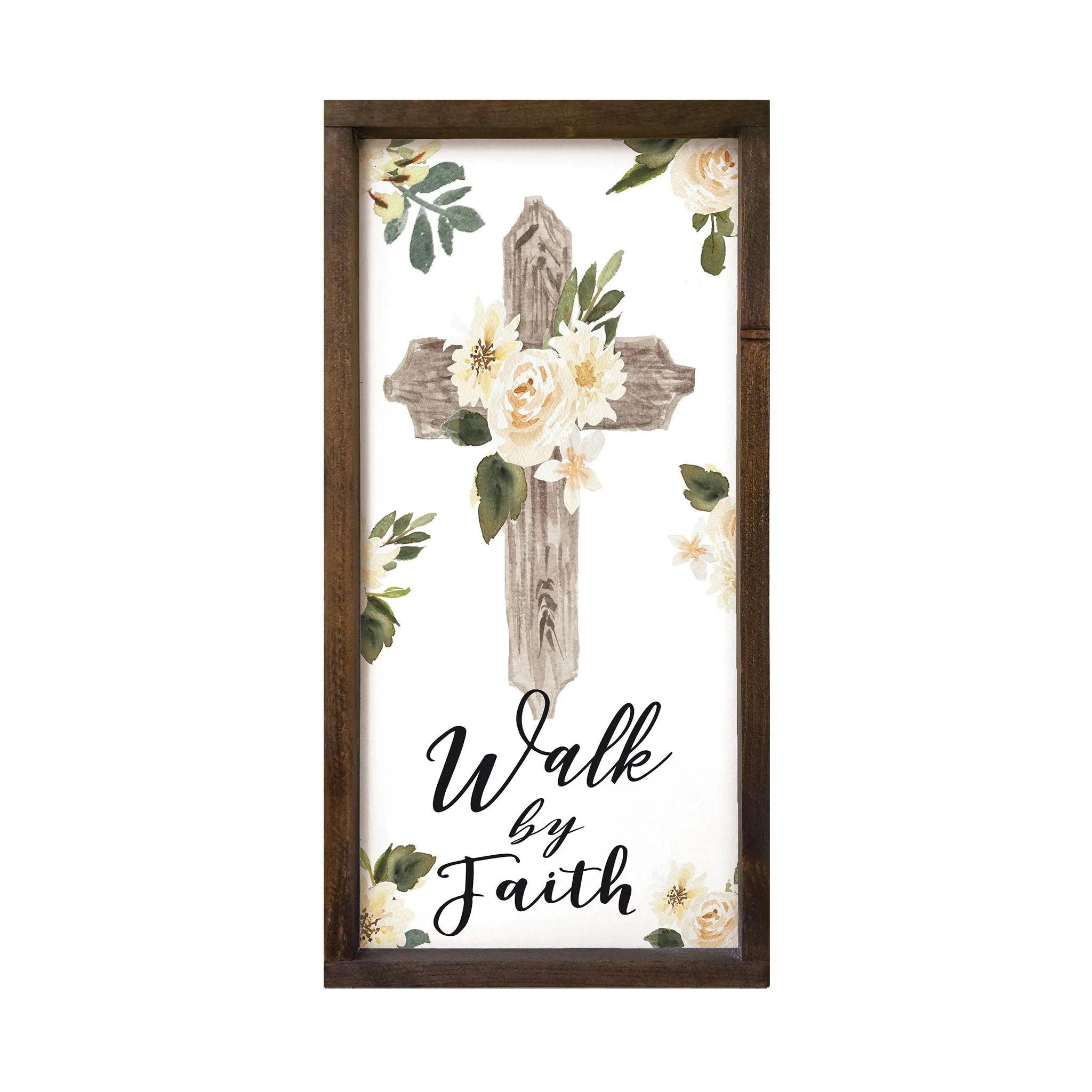 Christian Wall Art - Walk by Faith - Large Framed Wood Sign - 12"x24" - Festive Fit Home