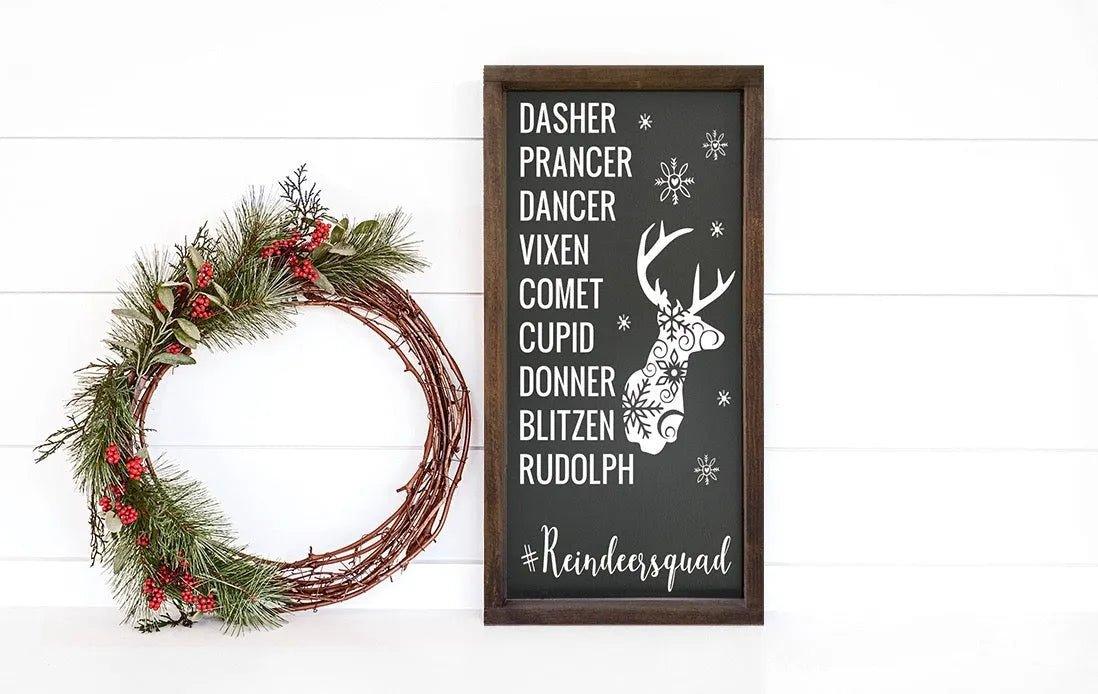 Christmas Framed Wood Sign - Reindeer Squad - 12"x24" - Festive Fit Home