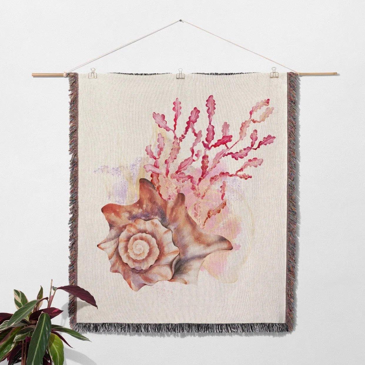 Conch Shell and Coral Woven Blanket and Tapestry - Festive Fit Home