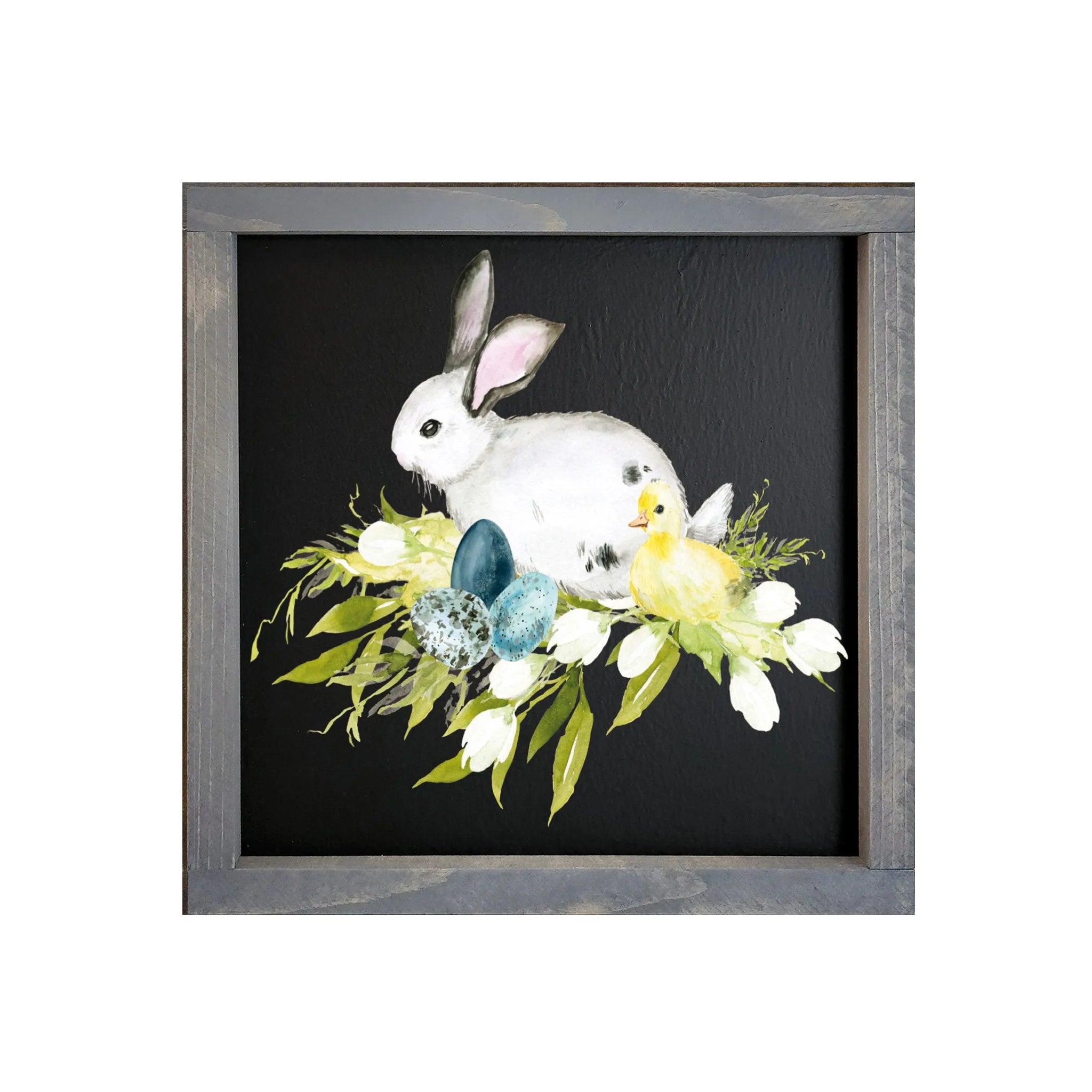 Easter Artwork - Bunny with Chick Framed Wood Sign - 12"x12" - Festive Fit Home