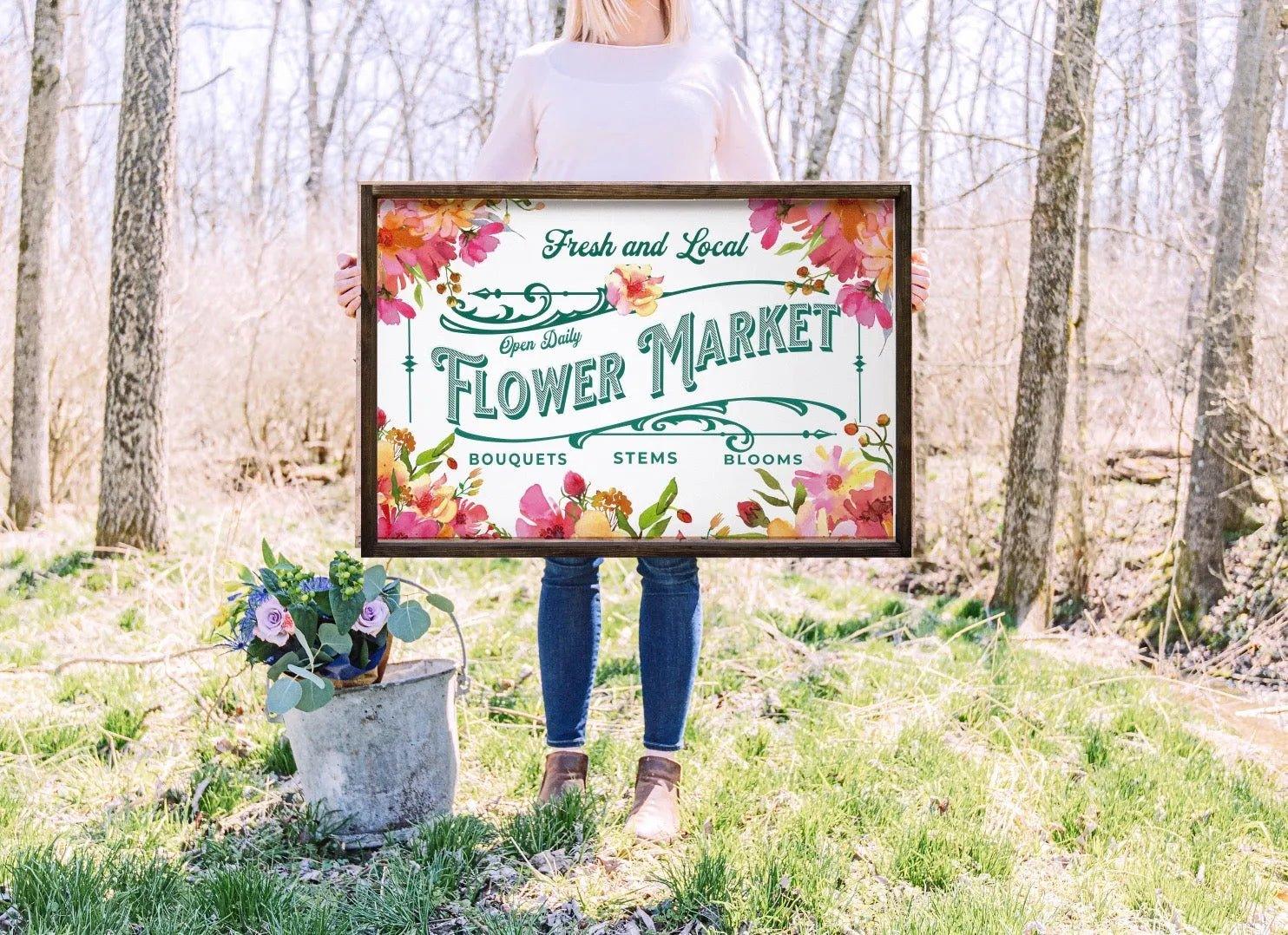 Fresh Flower Market Large Framed Wood Sign - 24"x36" - Festive Fit Home