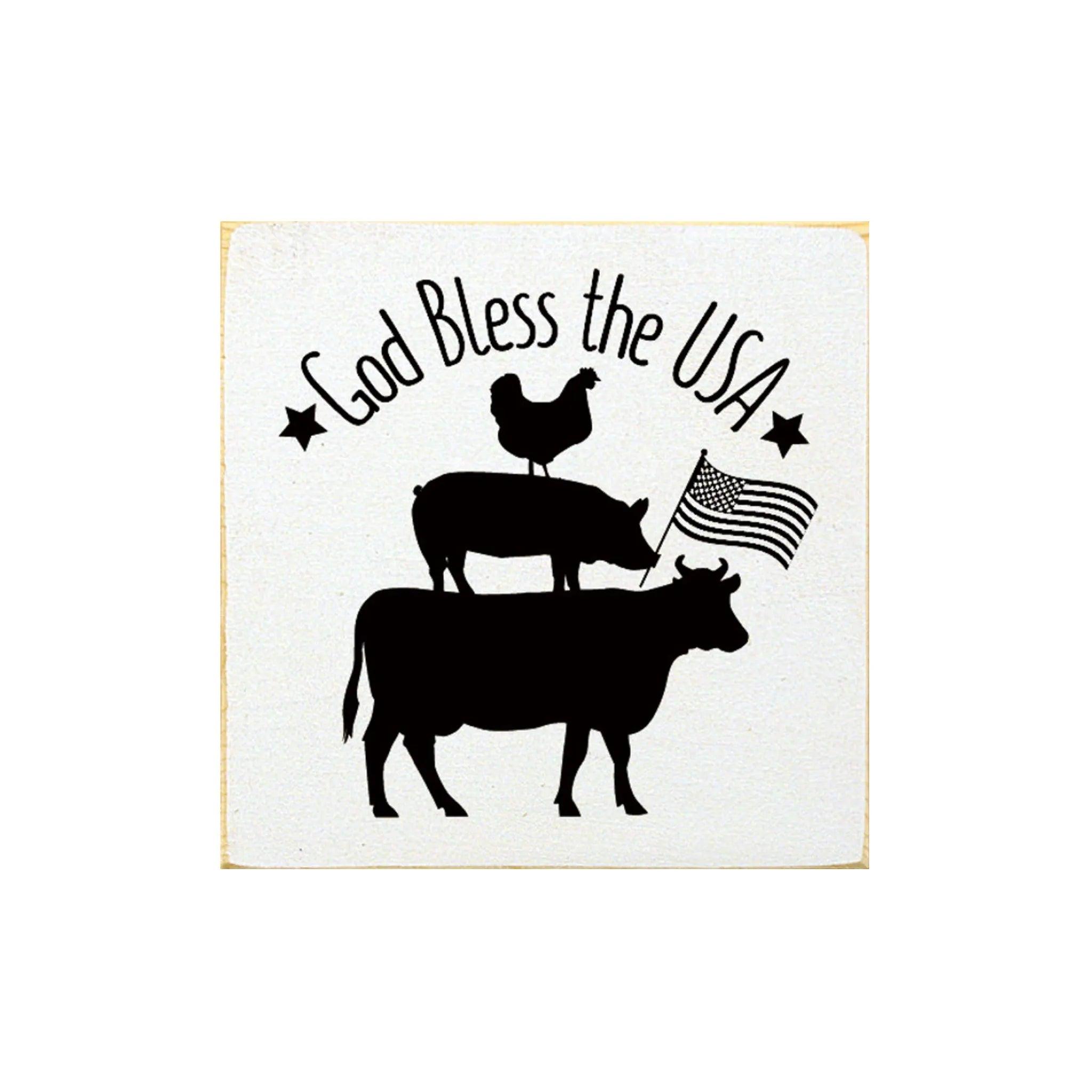 God Bless the USA - Farmhouse Animals Wood Sign - 7"x7" - Festive Fit Home