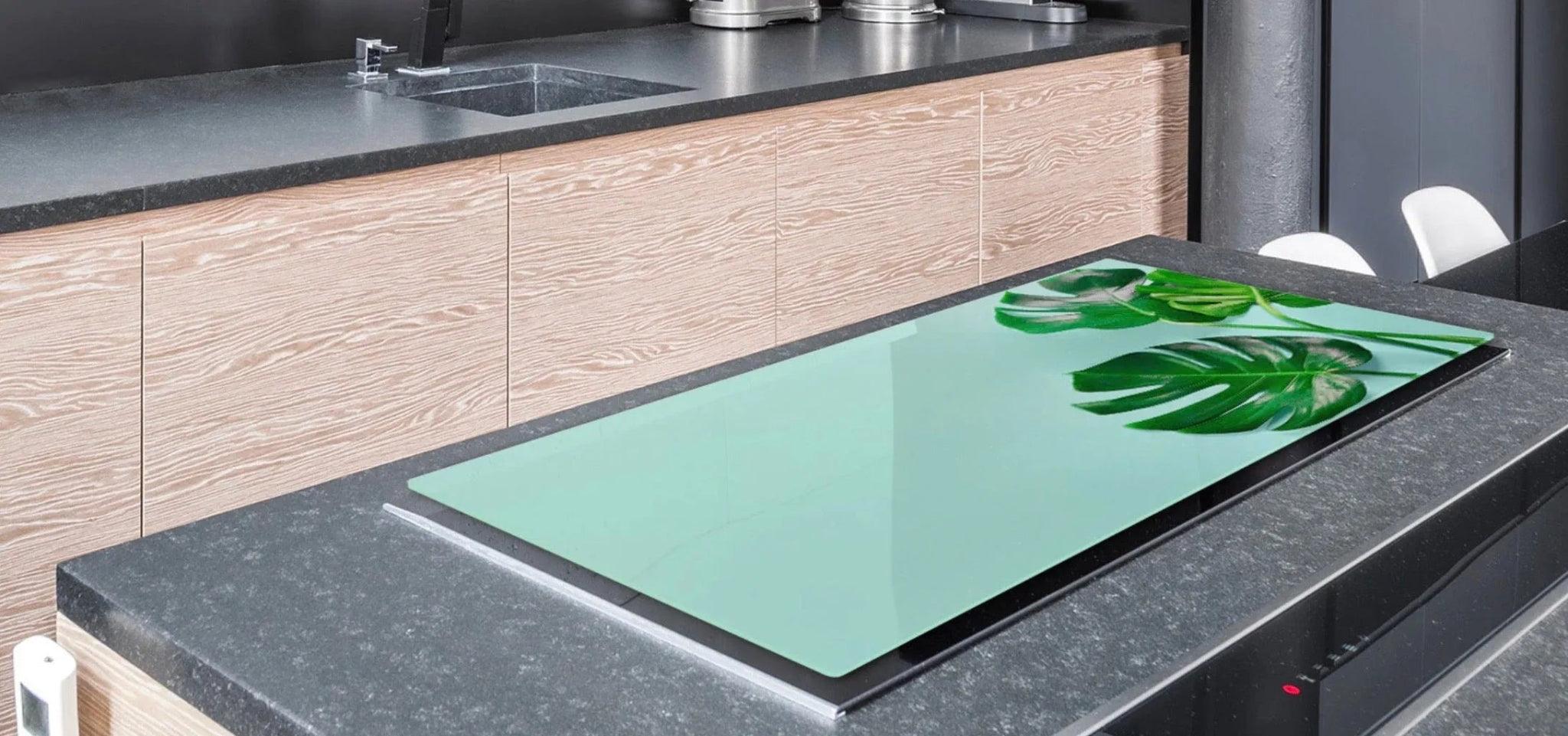 Noodle Board - Green Palms Tempered Glass | Gas and Induction Cook Top Cover | Charcuterie Board - Festive Fit Home