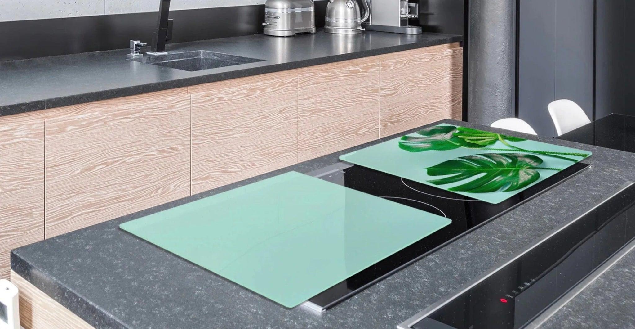 Noodle Board - Green Palms Tempered Glass | Gas and Induction Cook Top Cover | Charcuterie Board - Festive Fit Home