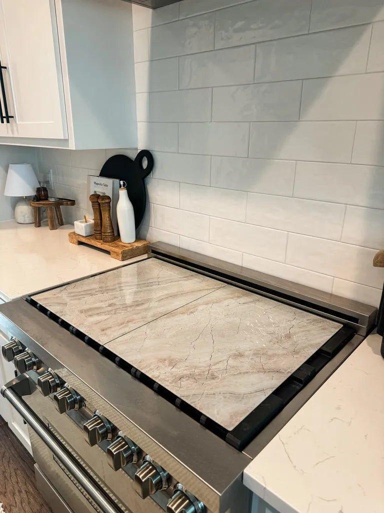 Stove Top Cover - Beige Marble Style | Gas & Electric Cook Top Cover | Noodle Board - Festive Fit Home