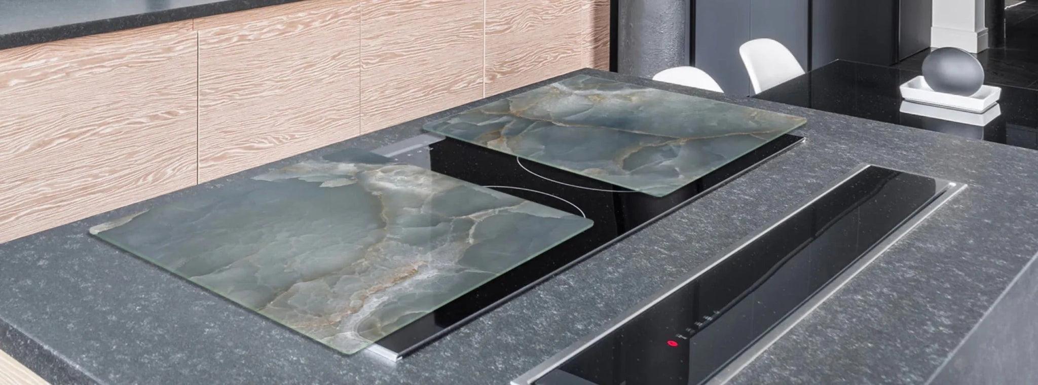Stove Top Cover - Blue - Gray Marble Glass | Gas & Electric Cook Top Cover | Charcuterie Board - Festive Fit Home