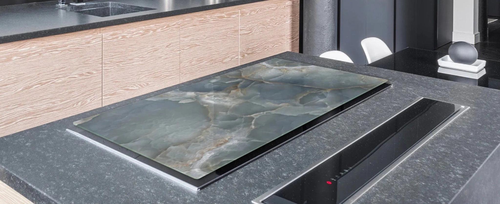 Stove Top Cover - Blue - Gray Marble Glass | Gas & Electric Cook Top Cover | Charcuterie Board - Festive Fit Home