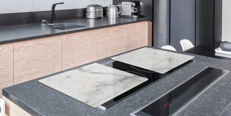 Stove Top Cover - Cool White Marble Glass | Gas & Electric Cook Top Cover - Festive Fit Home
