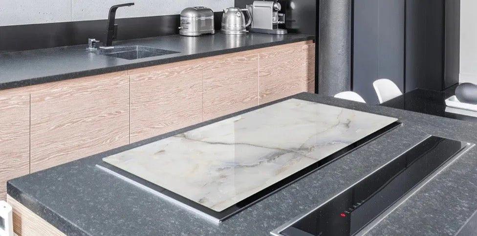 Stove Top Cover - Cool White Marble Glass | Gas & Electric Cook Top Cover - Festive Fit Home