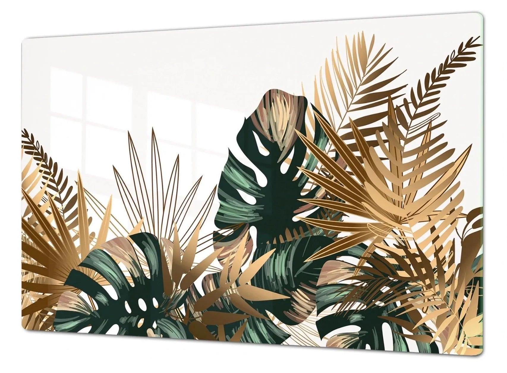 Stove Top Cover Gold & Green Palms | Gas & Electric Burner Cover | Noodle Board - Festive Fit Home