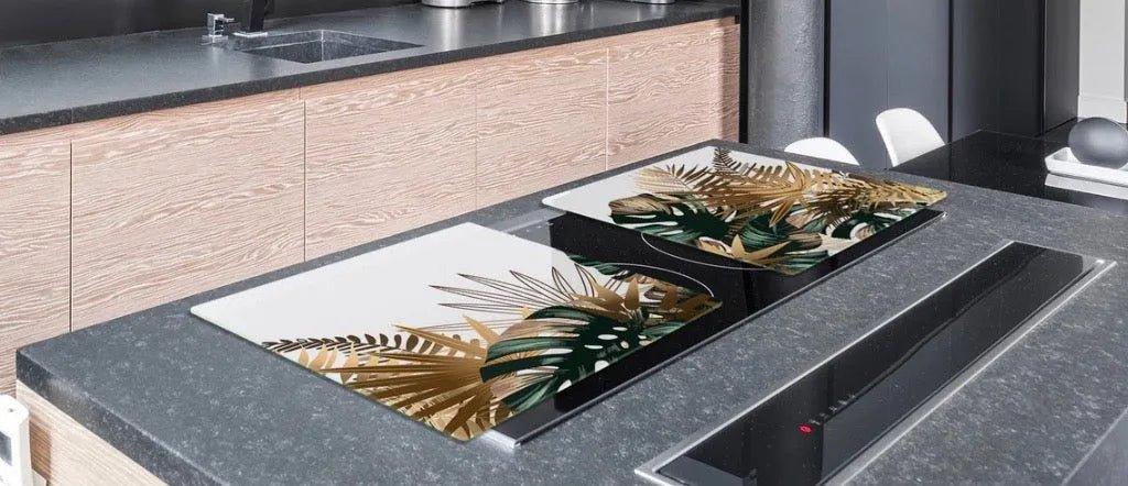 Stove Top Cover Gold & Green Palms | Gas & Electric Burner Cover | Noodle Board - Festive Fit Home