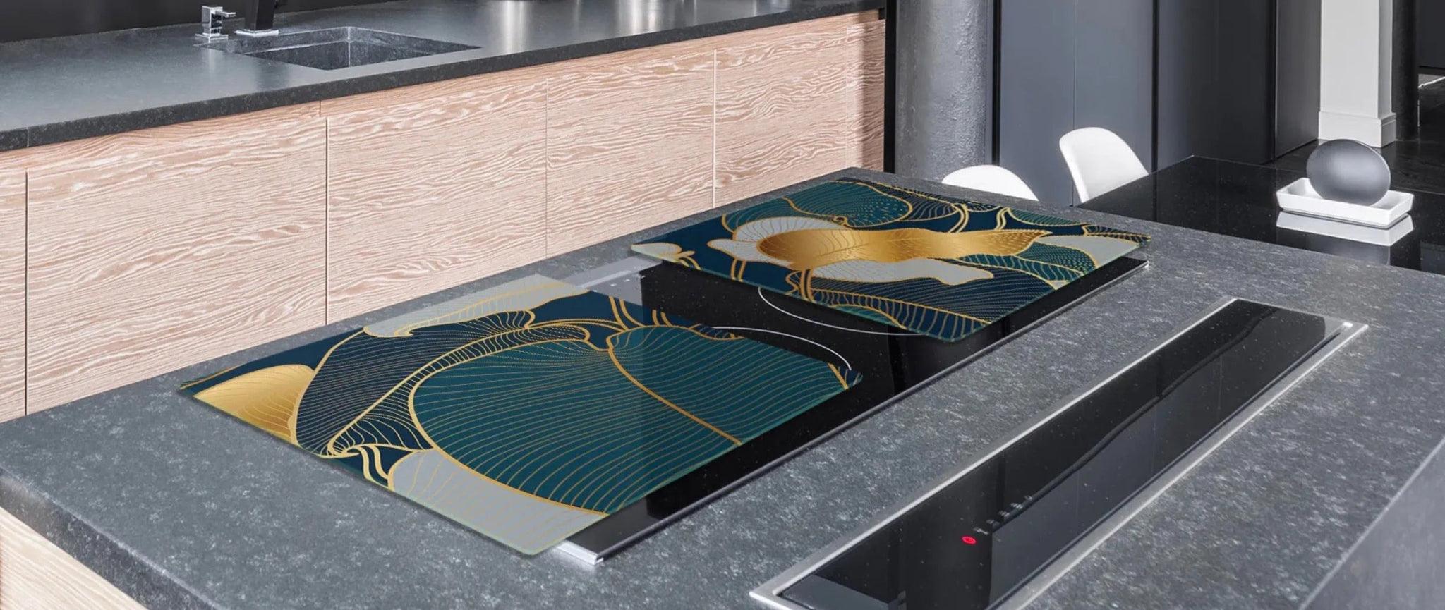 Stove Top Cover - Gold & Teal Palms | Noodle Board | Gas & Induction Cook Top Cover - Festive Fit Home