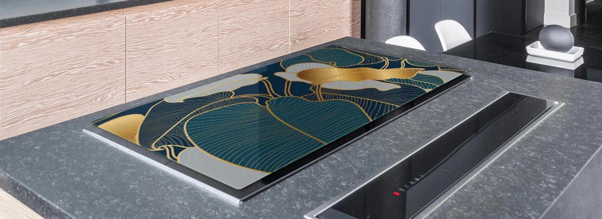 Stove Top Cover - Gold & Teal Palms | Noodle Board | Gas & Induction Cook Top Cover - Festive Fit Home