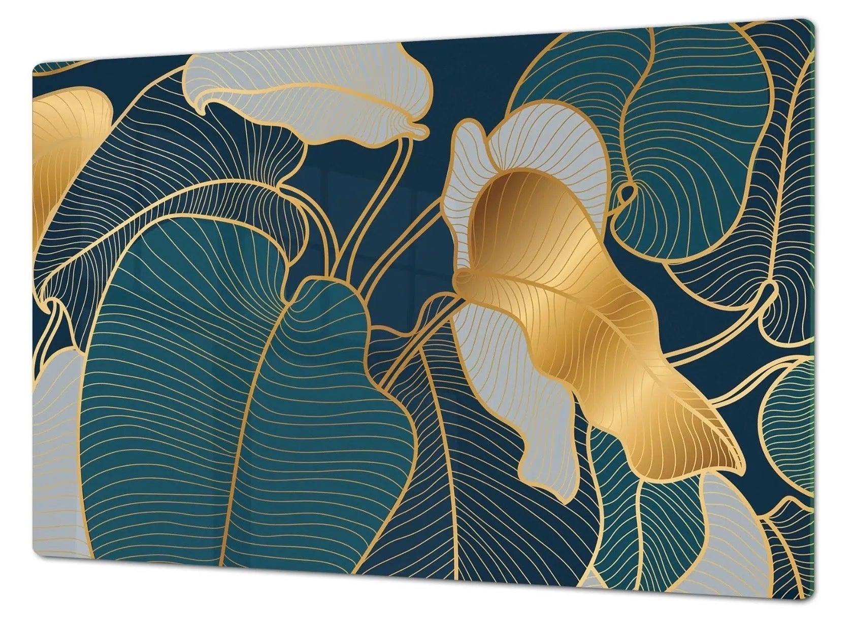 Stove Top Cover - Gold & Teal Palms | Noodle Board | Gas & Induction Cook Top Cover - Festive Fit Home