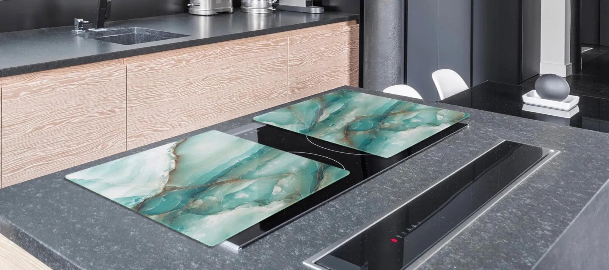 Stove Top Cover - Teal Marble Glass Style | Gas & Electric Burner Cover | Noodle Board - Festive Fit Home