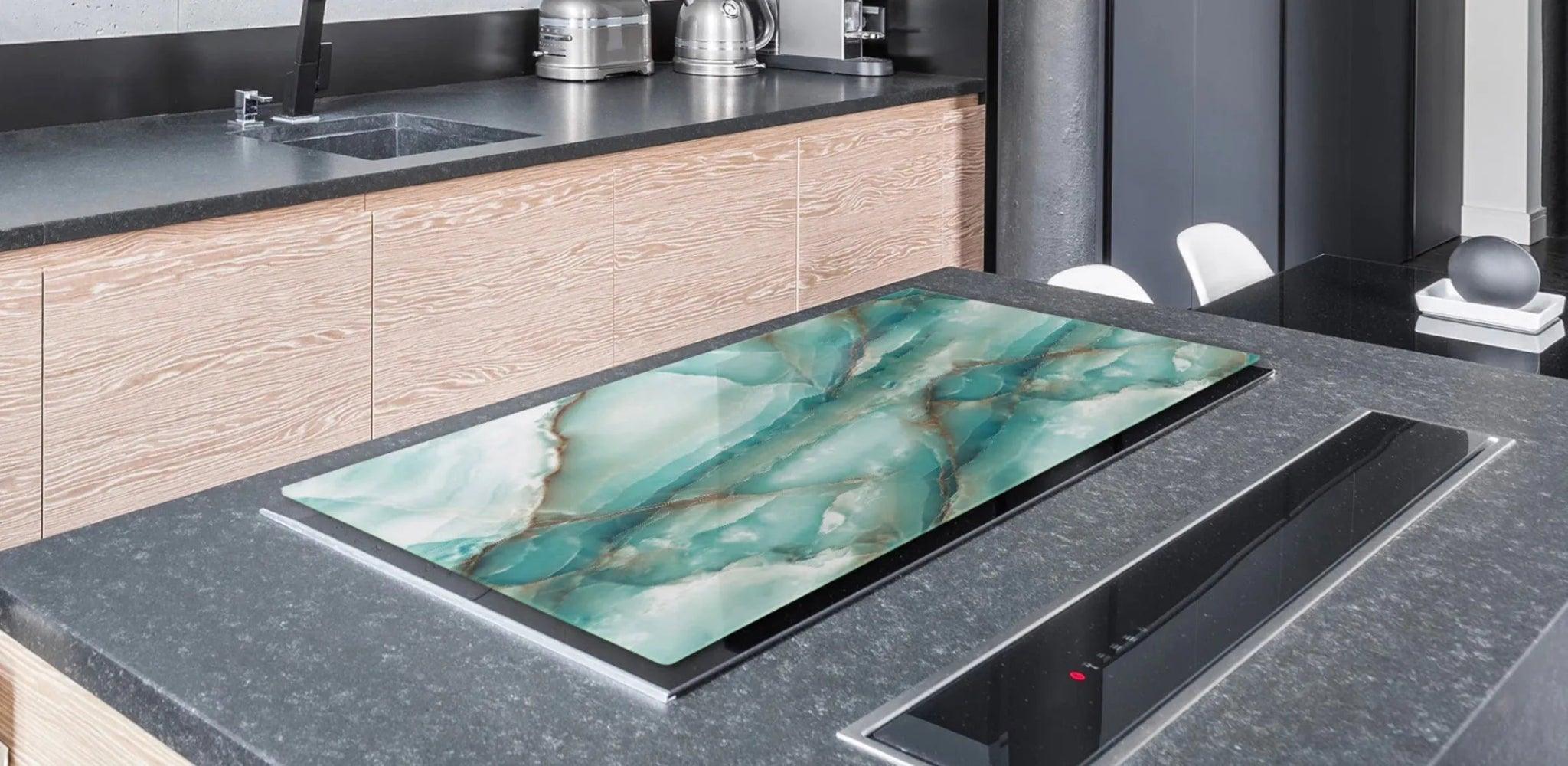 Stove Top Cover - Teal Marble Glass Style | Gas & Electric Burner Cover | Noodle Board - Festive Fit Home
