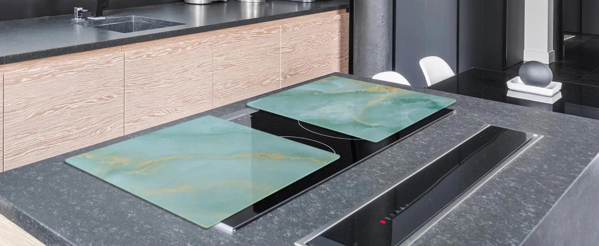 Stove Top Cover - Turquoise Marble Glass | Gas & Electric Cook Top Cover - Festive Fit Home