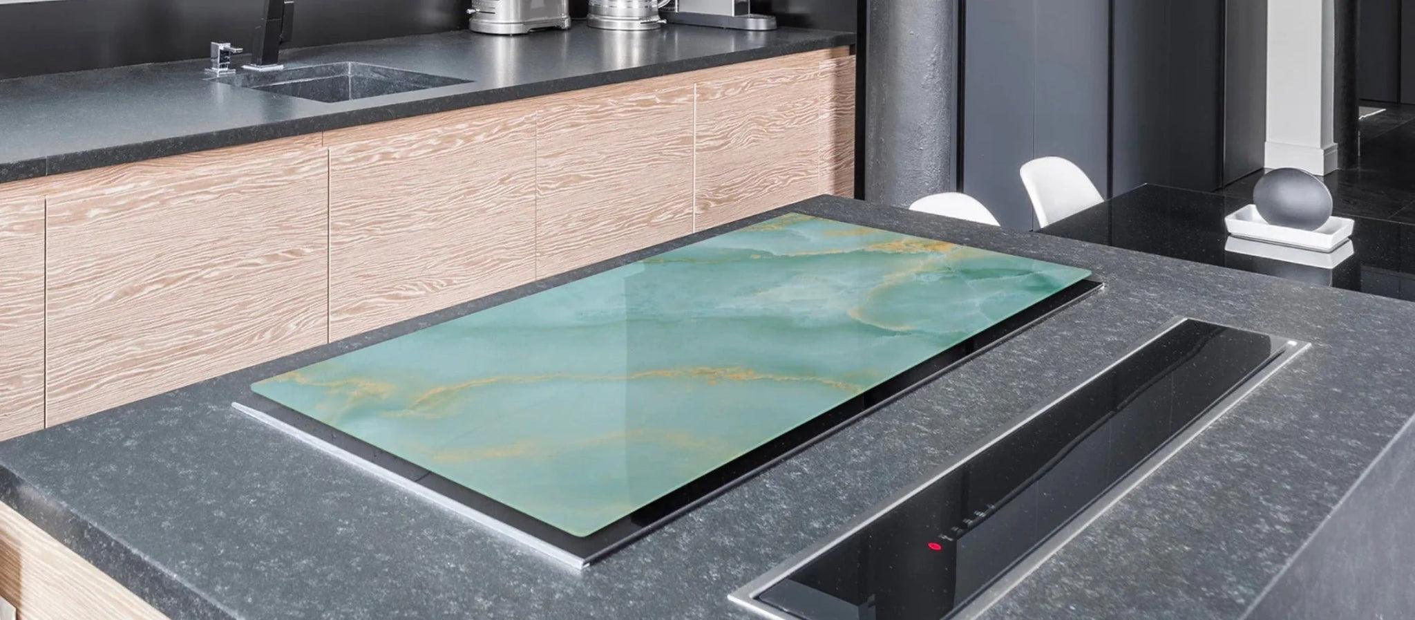 Stove Top Cover - Turquoise Marble Glass | Gas & Electric Cook Top Cover - Festive Fit Home