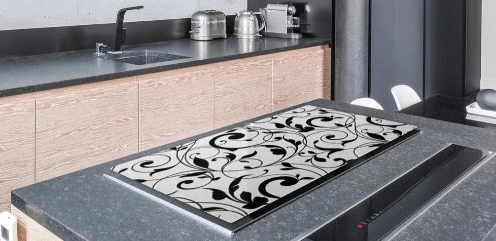 Stove Top Cover - White and Black Scroll | Gas & Induction Cook Top Cover | Noodle Board - Festive Fit Home