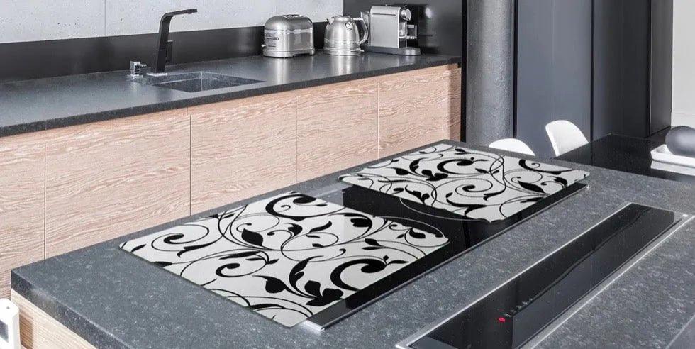 Stove Top Cover - White and Black Scroll | Gas & Induction Cook Top Cover | Noodle Board - Festive Fit Home