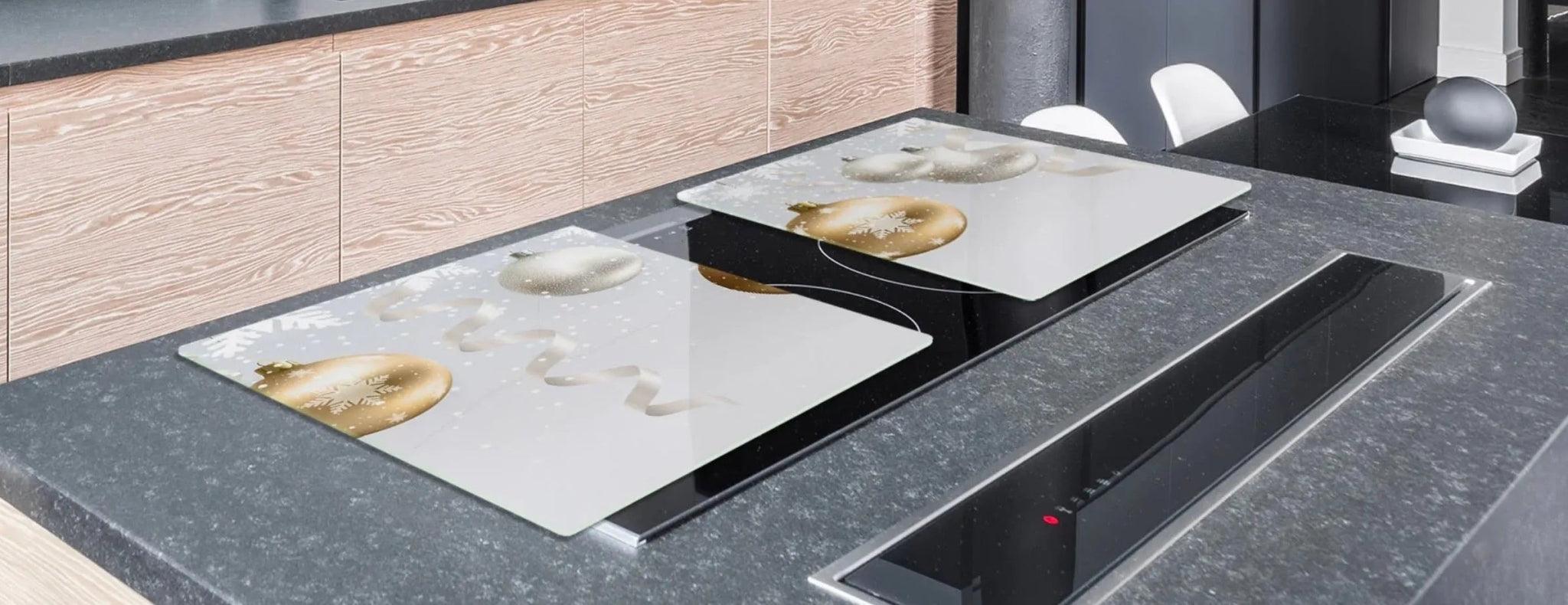 Stove Top Cover - White and Gold Ornaments | Gas and Induction Electric Cook Top Cover | Multi - Purpose Charcuterie and Cutting Board - Festive Fit Home
