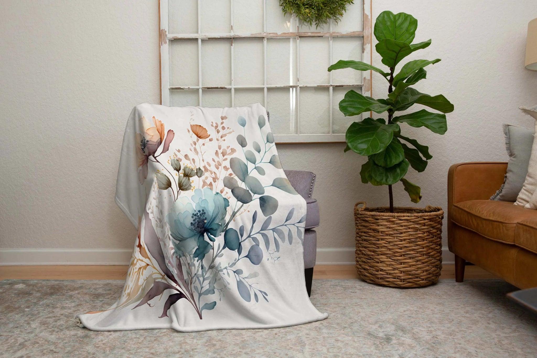 Peach Aqua Boho Wildflowers Sherpa Blanket - 60"x80" - Festive Fit Home