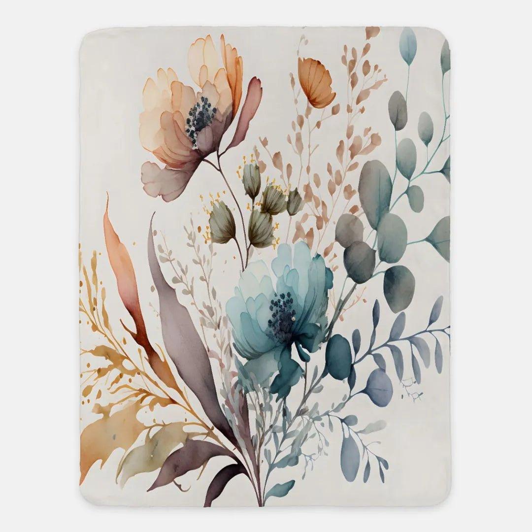 Peach Aqua Boho Wildflowers Sherpa Blanket - 60"x80" - Festive Fit Home