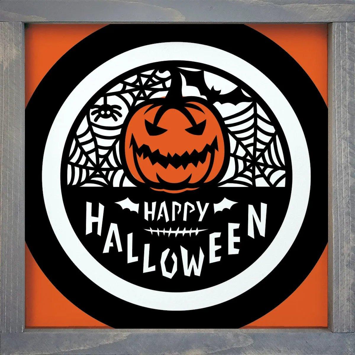 Scary Pumpkin Happy Halloween Wood Sign - 12"x12" - Festive Fit Home