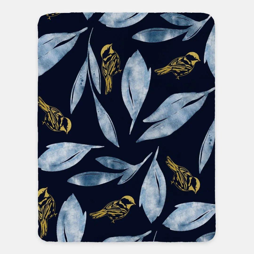 Sherpa Blanket - Icy Blue Leaves and Gold Birds - 60"x80" - Festive Fit Home