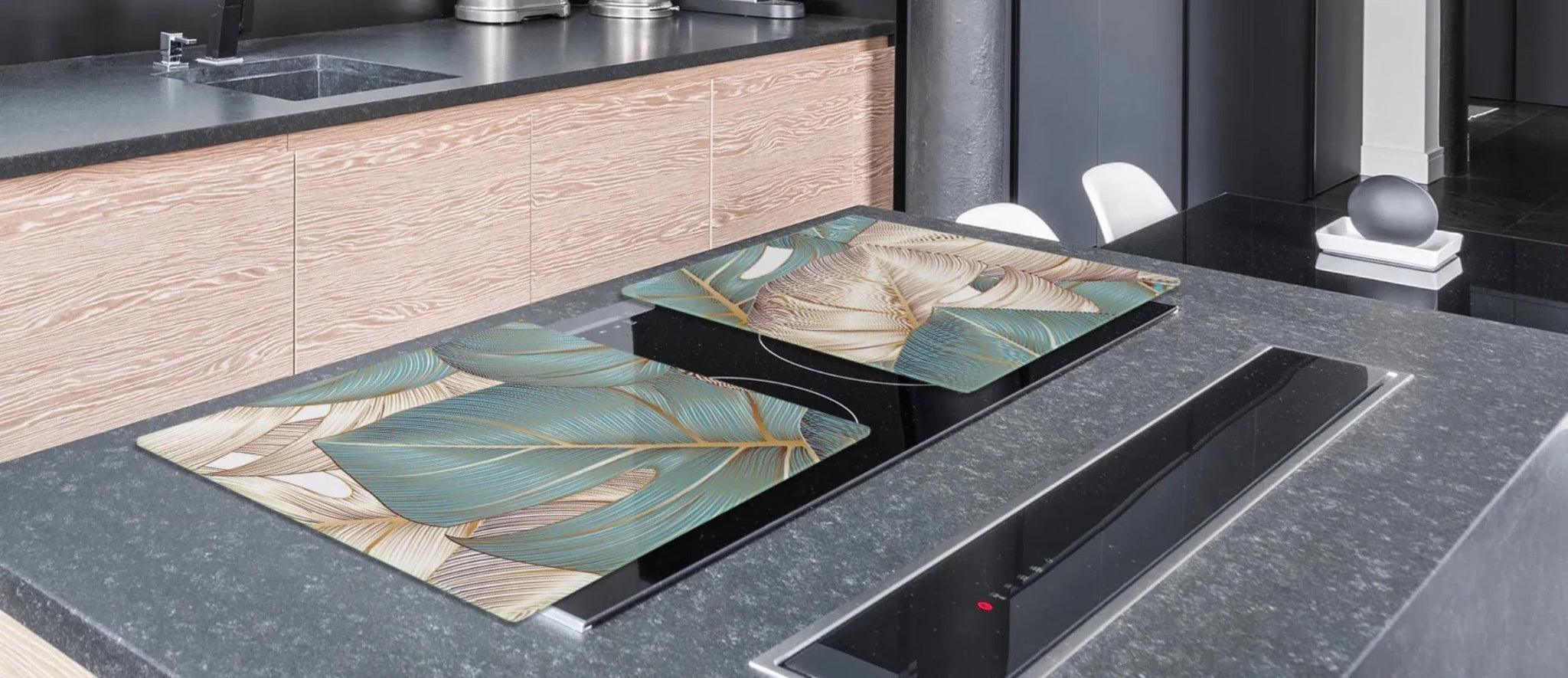 Stove Top Cover - Aqua & Gold Palms | Gas & Induction Cook Top Cover | Noodle Board - Festive Fit Home