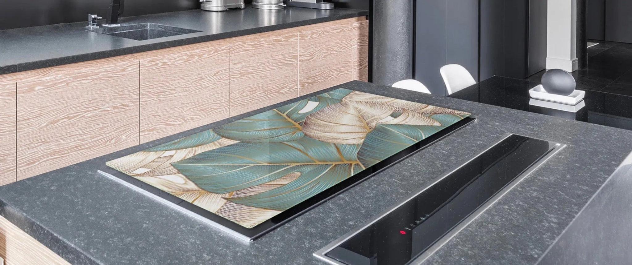 Stove Top Cover - Aqua & Gold Palms | Gas & Induction Cook Top Cover | Noodle Board - Festive Fit Home