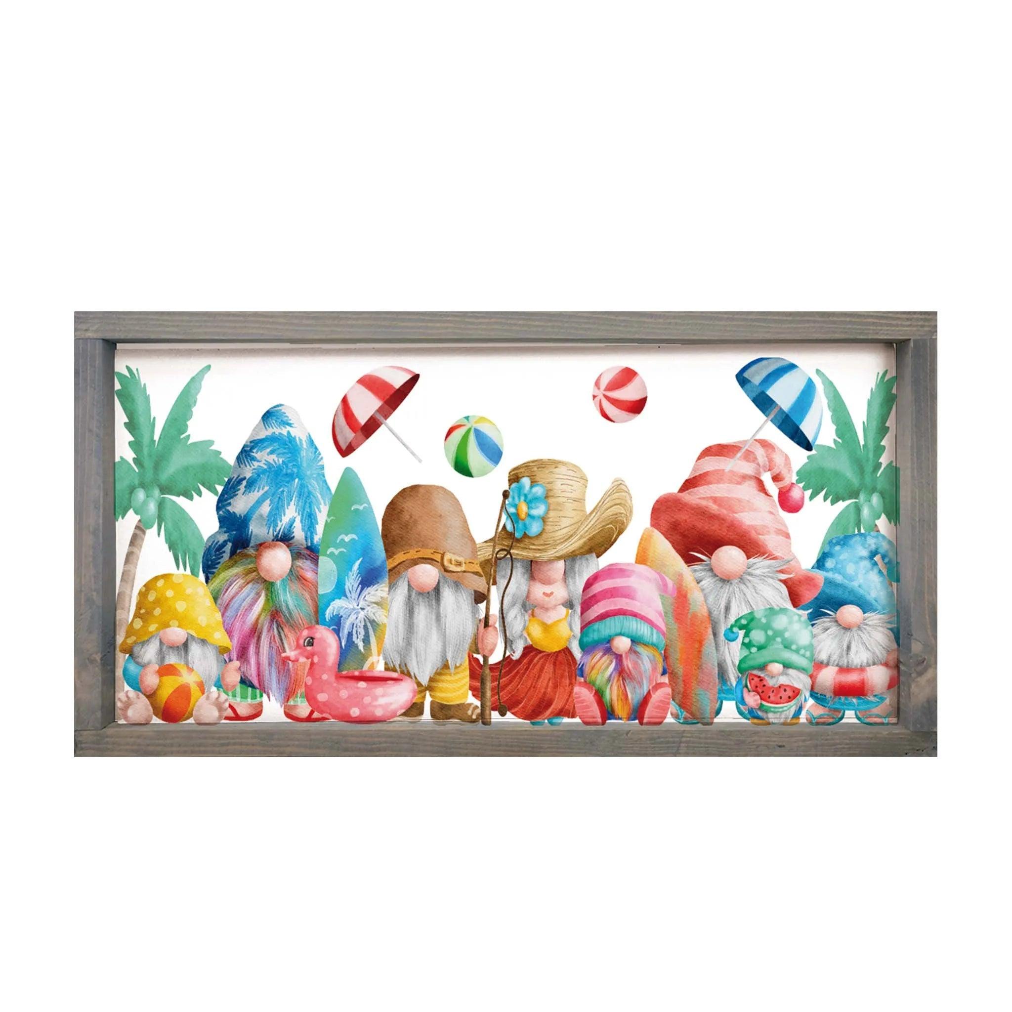 Summer Beach Gnomes Framed Wood Sign - 12"x24" - Festive Fit Home