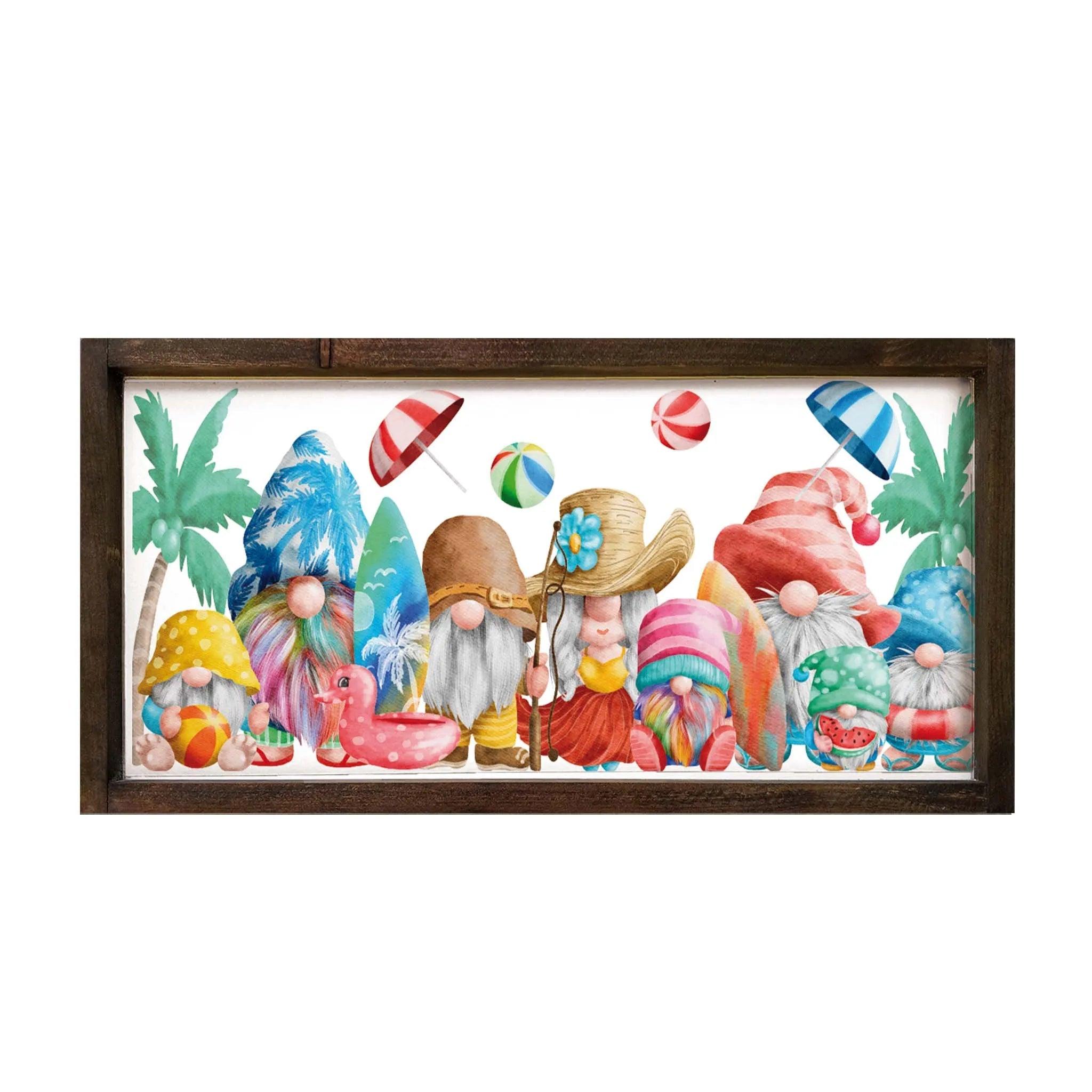 Summer Beach Gnomes Framed Wood Sign - 12"x24" - Festive Fit Home