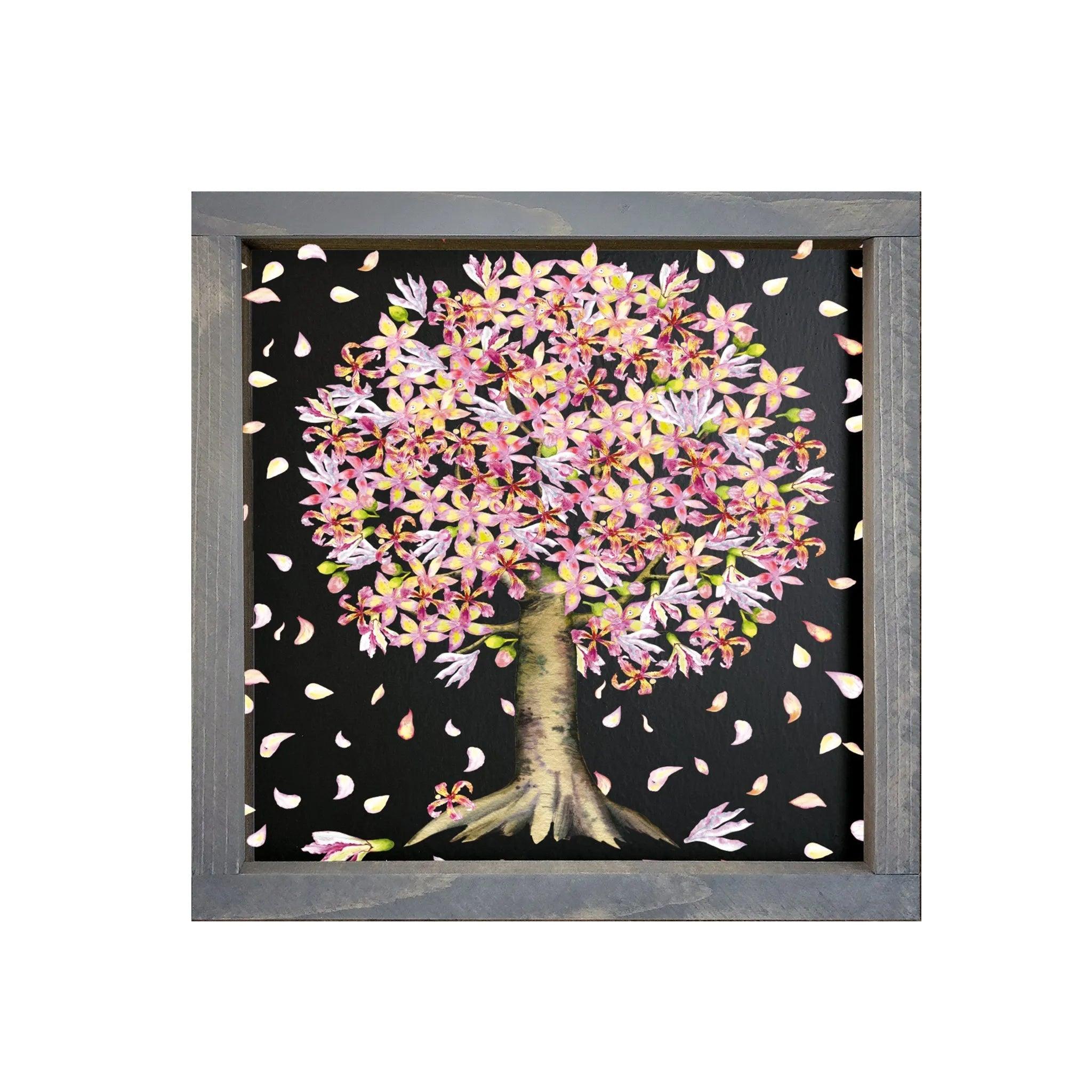Tree Spring Art Raining Petals Framed Wood Sign - 12"x12" - Festive Fit Home