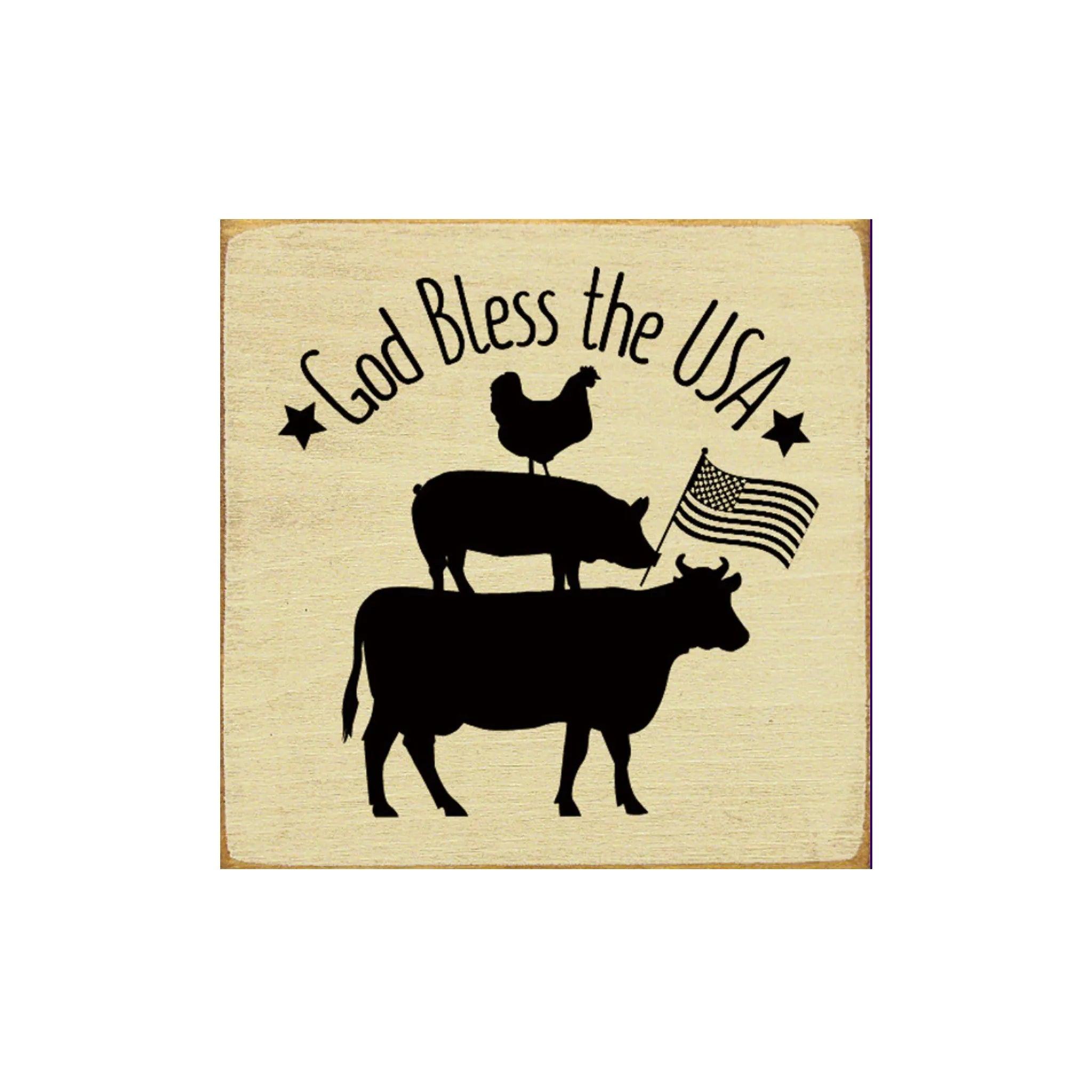 God Bless the USA - Farmhouse Animals Wood Sign - 7"x7" - Festive Fit Home