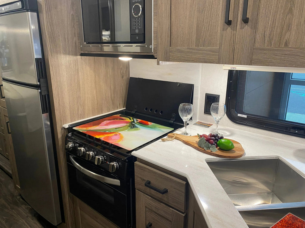 RV Small Stove Top Cover & Cutting Board - Rust Bronze & Green - Festive Fit Home