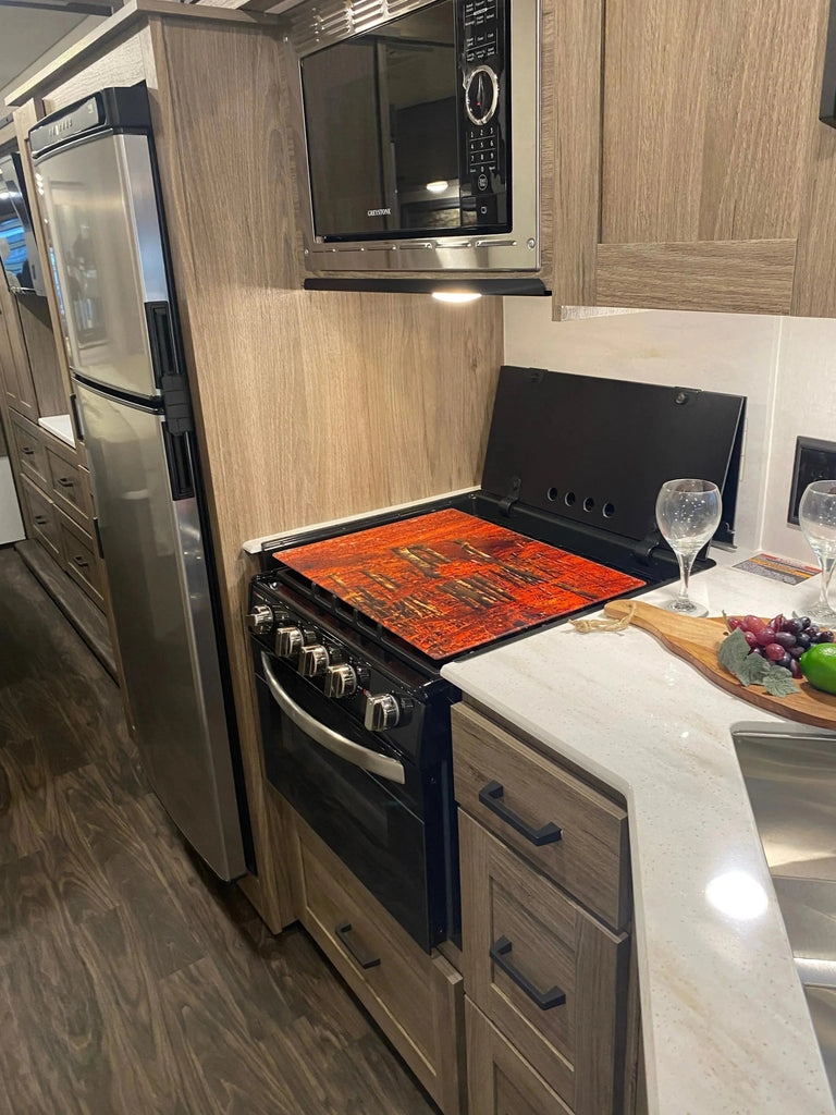 RV Small Stove Top Cover & Cutting Board - Rust Bronze & Green - Festive Fit Home