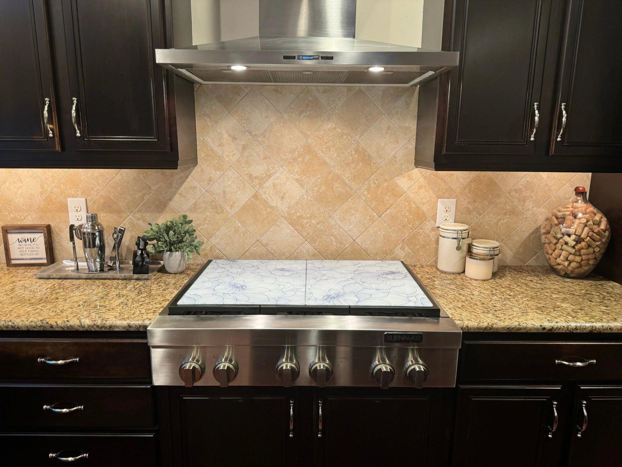Stove Top Cover - Blue Flowers | Gas & Electric Cook Top Cover | Noodle Board - Festive Fit Home