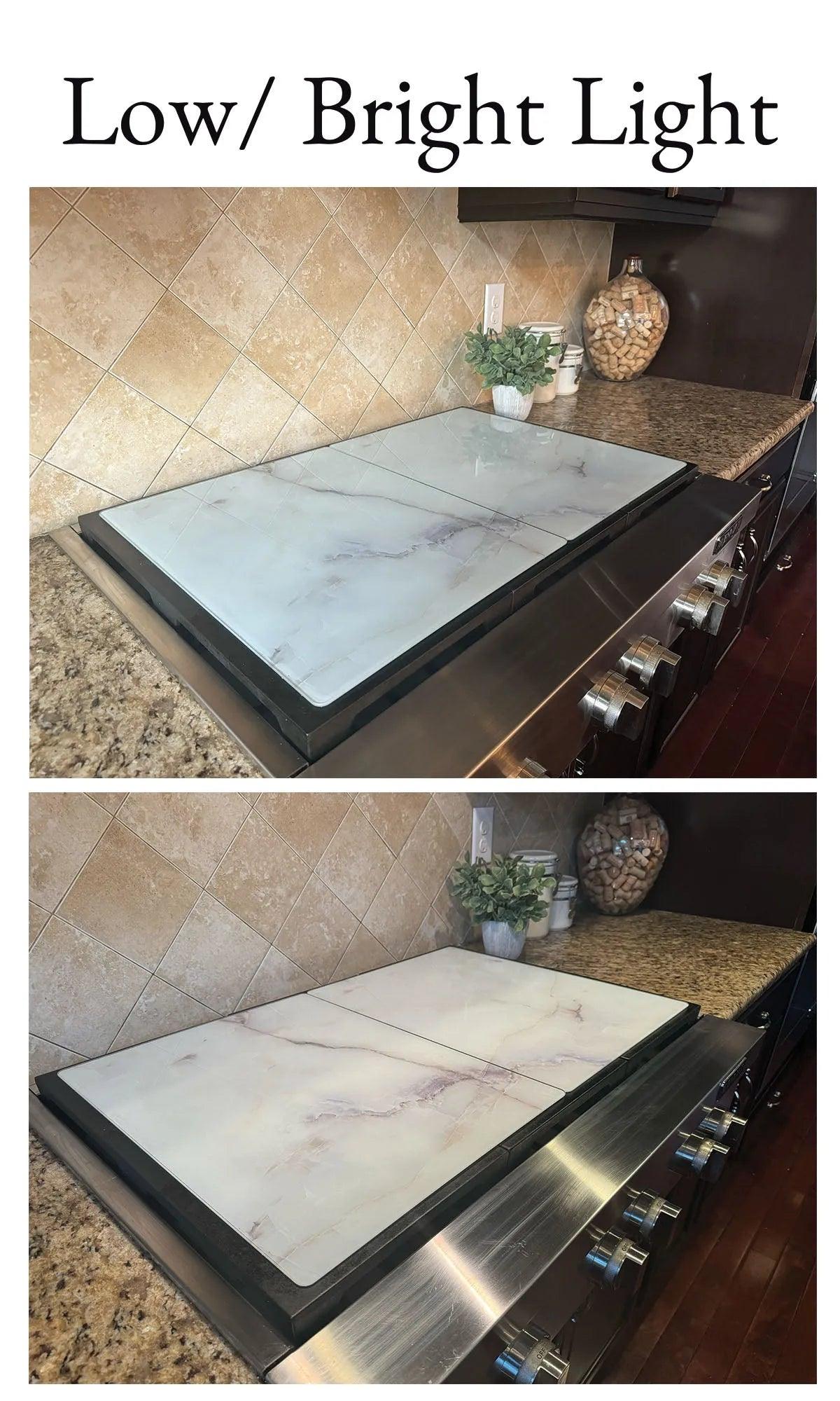 Stove Top Cover - Cool White Marble Glass | Gas & Electric Cook Top Cover - Festive Fit Home