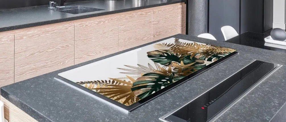 Stove Top Cover Gold & Green Palms | Gas & Electric Burner Cover | Noodle Board - Festive Fit Home