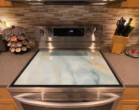 Stove Top Cover - Turquoise Marble Glass | Gas & Electric Cook Top Cover - Festive Fit Home
