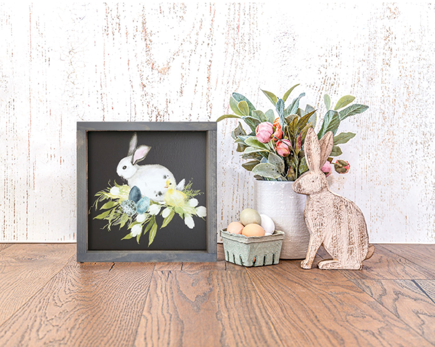 Easter Artwork - Bunny with Chick Framed Wood Sign - 12