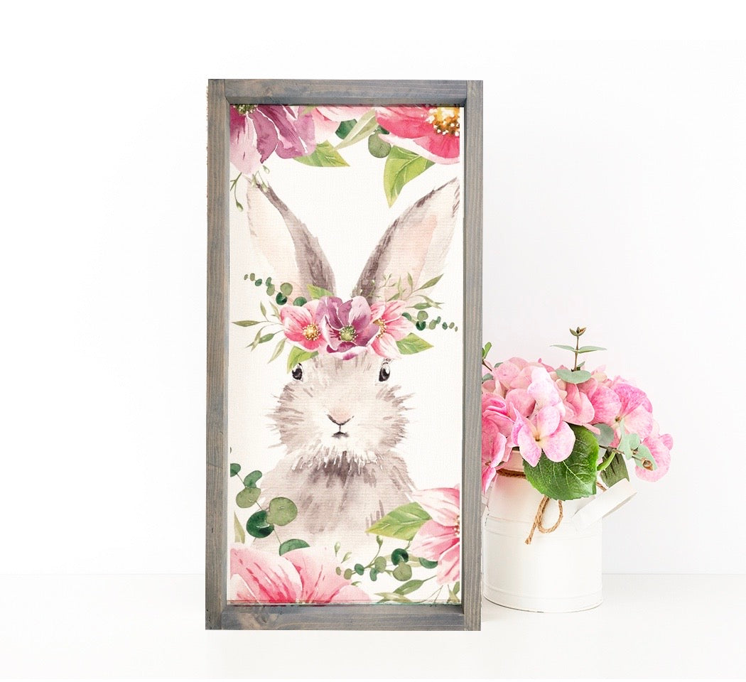 Easter Wall Art - Bunny with Pink Flowers - Wood Framed Sign - 12