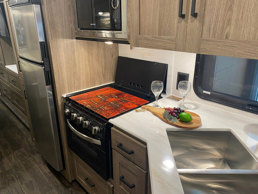 RV Small Stove Top Cover & Cutting Board - Cool White Marble Style - Festive Fit Home