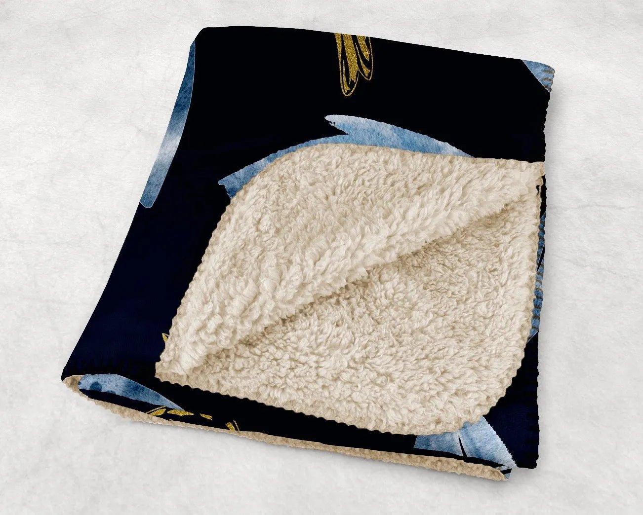 Sherpa Blanket - Icy Blue Leaves and Gold Birds - 60"x80" - Festive Fit Home